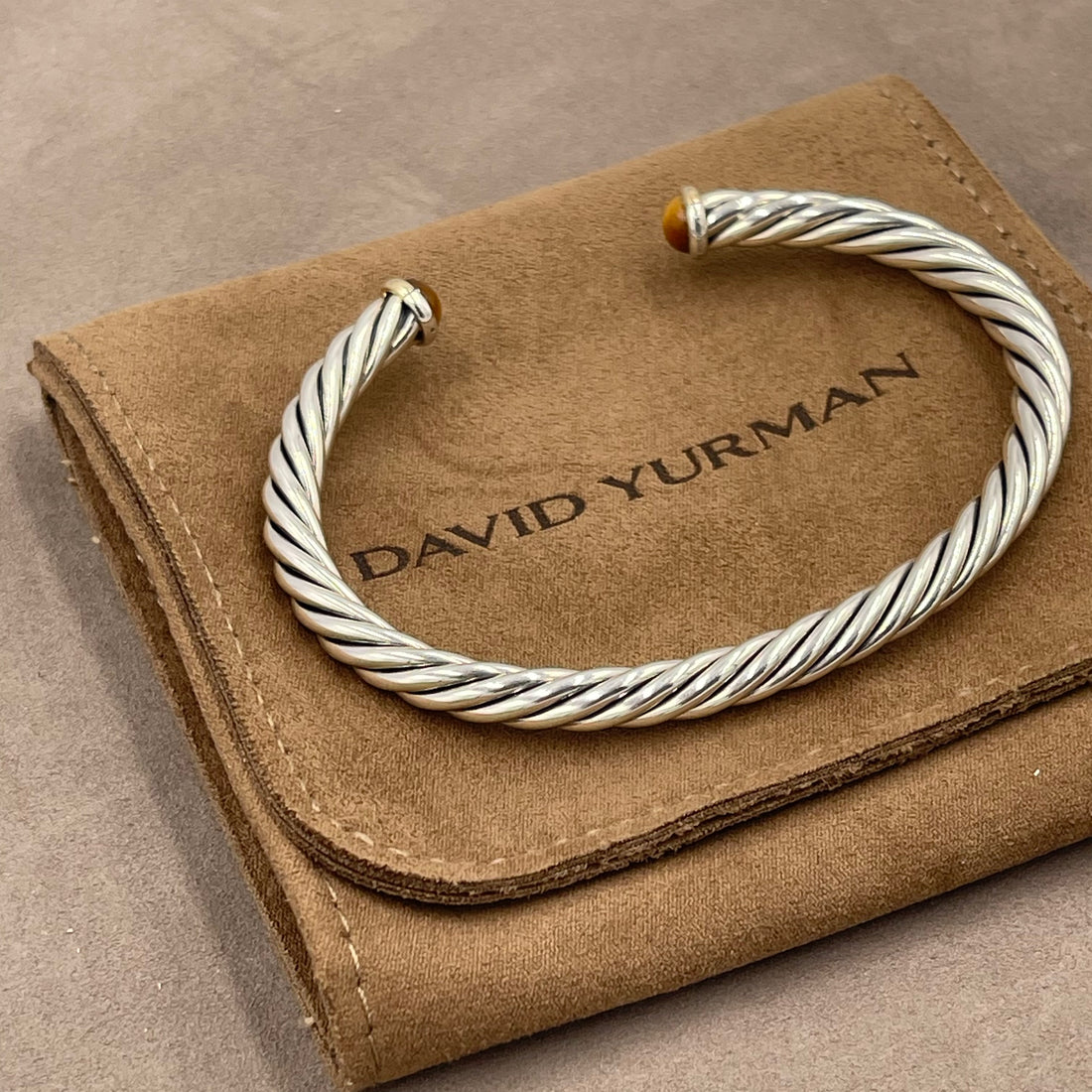 Pre-owned David Yurman Cable Cuff Bracelet 6mm Sterling Silver 14K Gold Tiger Eye L