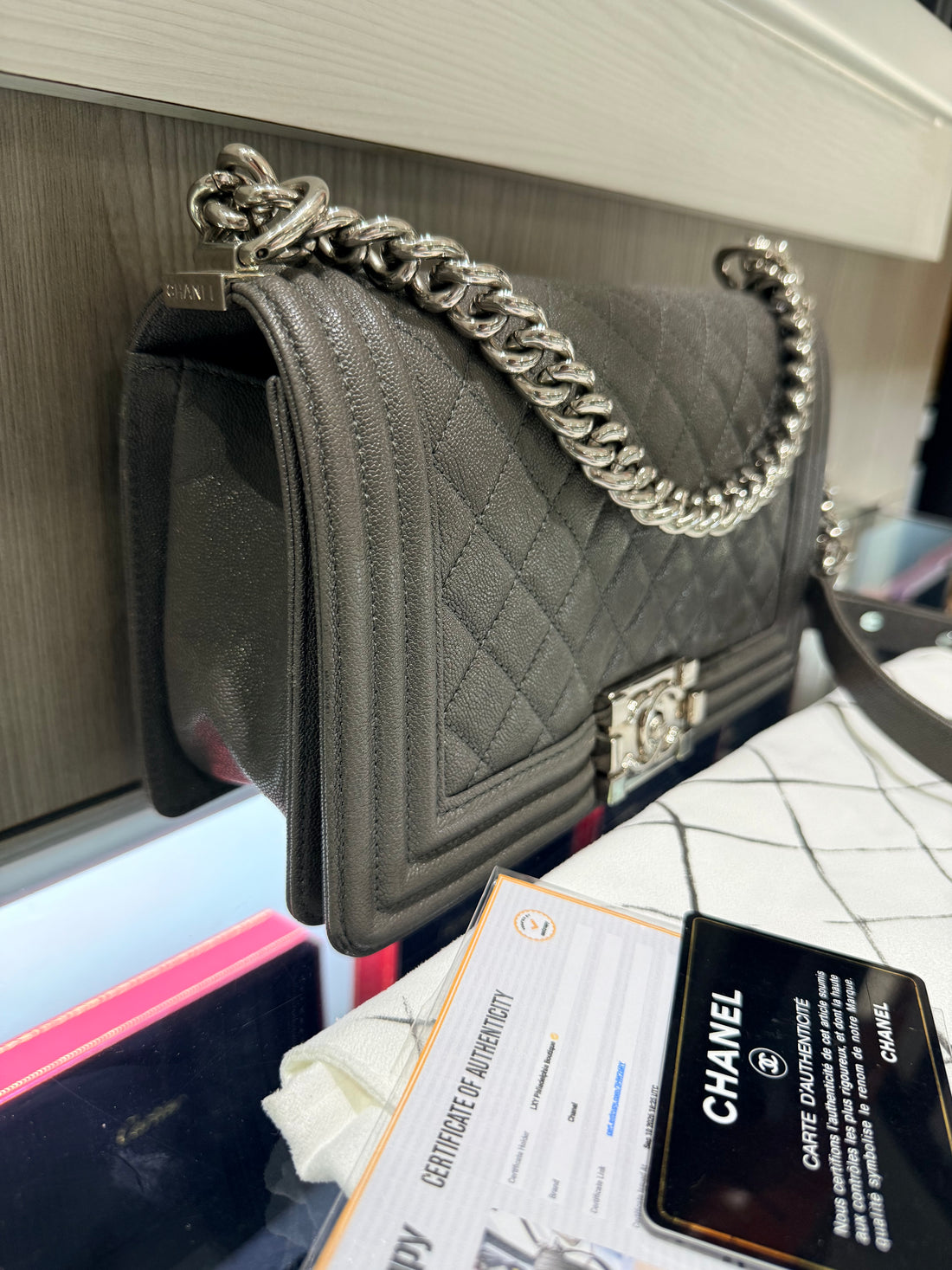 CHANEL old Medium boy Bag pewter caviar with silver hardware