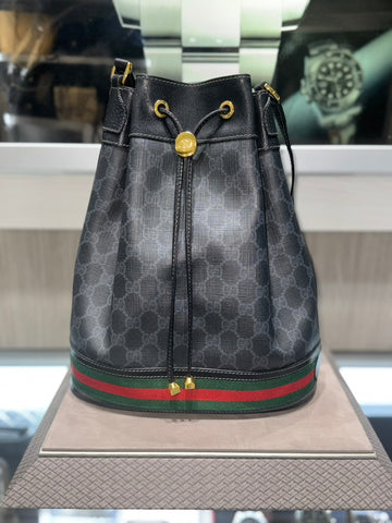 Pre-owned Gucci Large Black Bucket Vintage Mint Condition Red Green Webbing