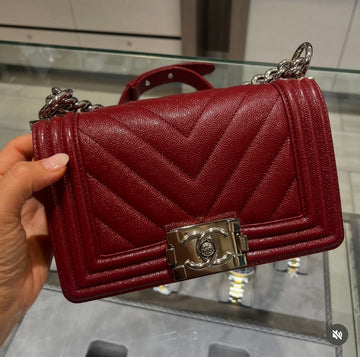 Pre-owned CHANEL Caviar Chevron Quilted Small Boy Flap in Iridescent Maroon (2020) SHW (30 series)