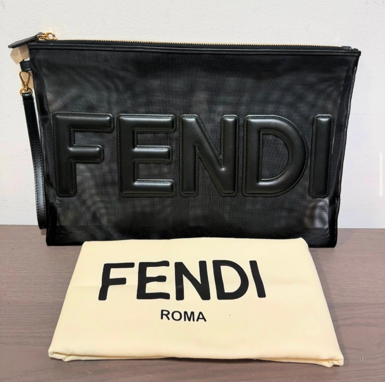 Unworn Fendi Mesh Pouch Black Leather w/duster