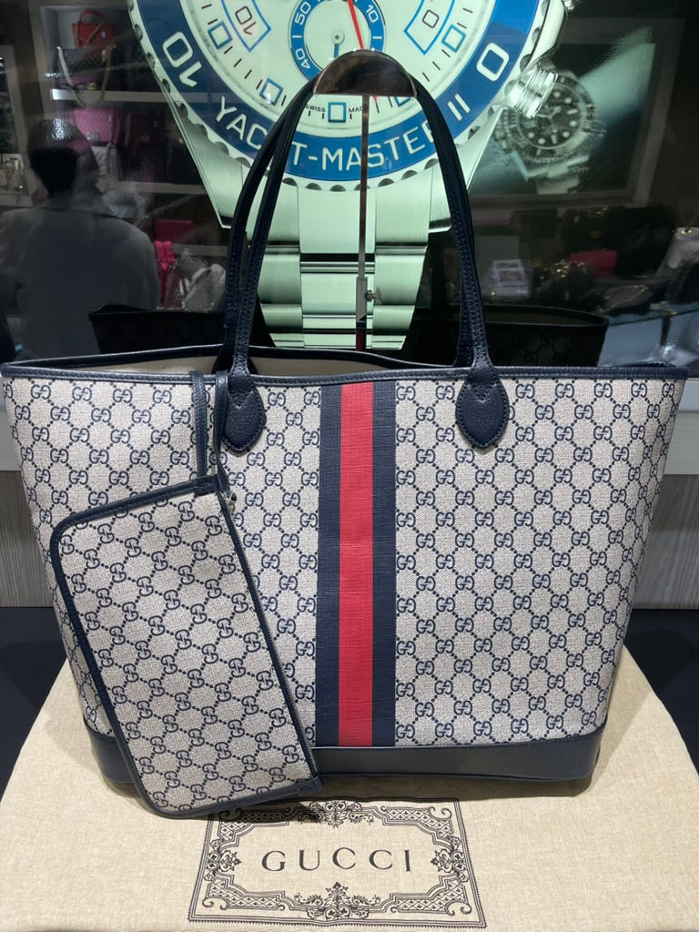 Pre-owned Gucci Navy GG Supreme Tote with Red/Navy Web & Matching Wristlet