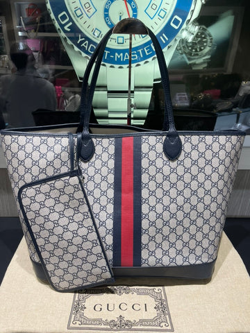 Pre-owned Gucci Navy GG Supreme Tote with Red/Navy Web & Matching Wristlet