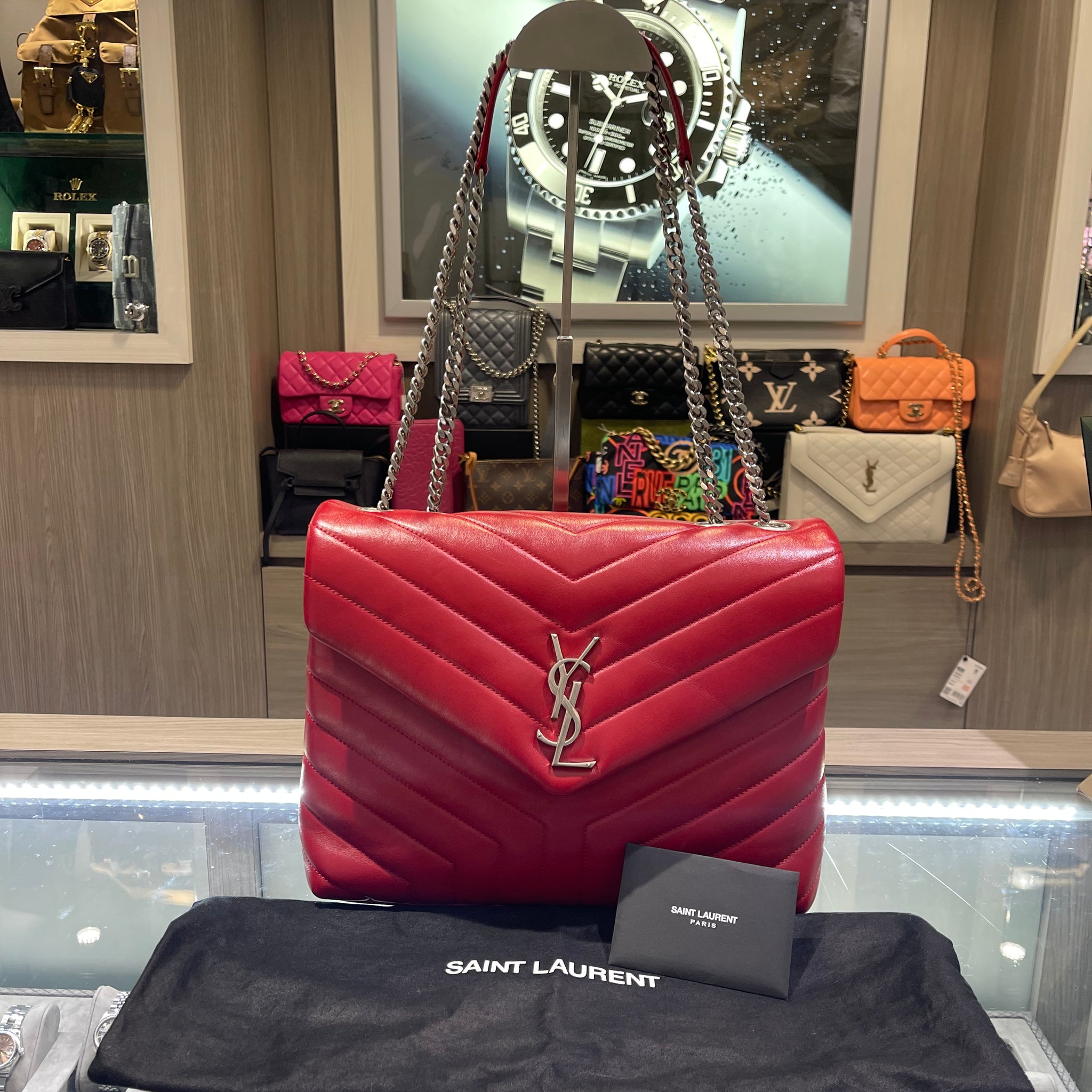 Pre-Owned Saint Laurent Medium LouLou Shoulder Bag – Red Matelassé Calfskin with Silver Hardware (2018 Collection)