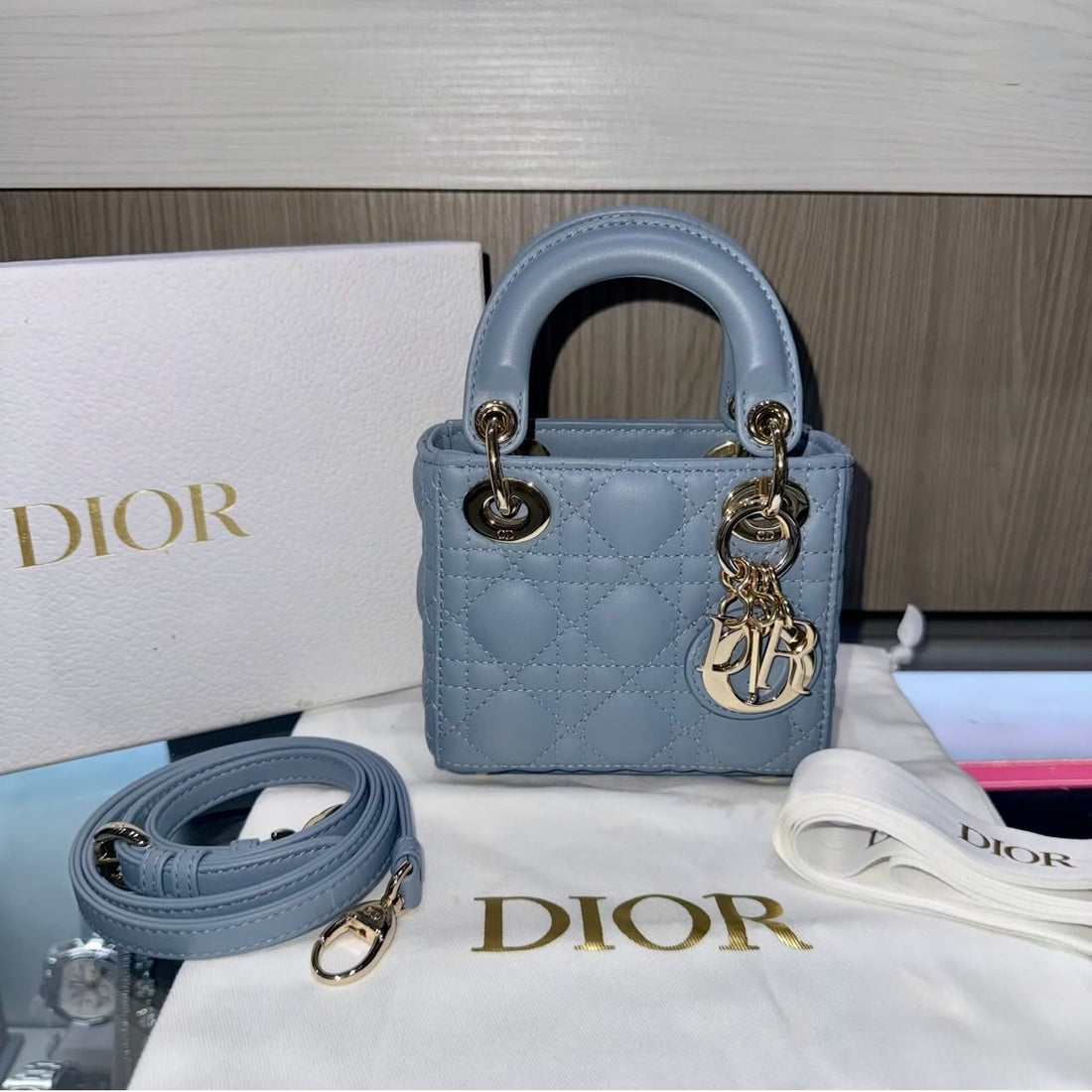 Pre-owned Christian Dior Micro Lady Dior Cloud Blue Cannage Lambskin