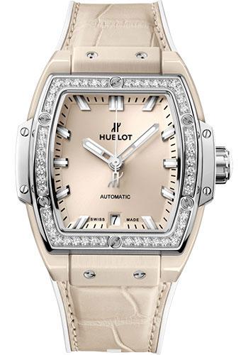 Hublot Spirit of Big Bang Beige Ceramic Titanium Diamonds Watch - 39 mm - Beige Dial - White Rubber and Beige Alligator Strap-665.CZ.891B.LR.1204