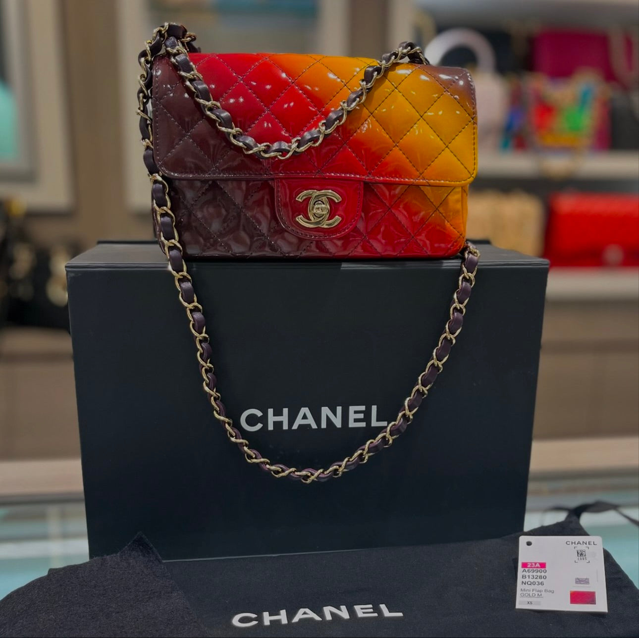 Pre-owned Chanel Mini Flap patent Multi color red yellow purple fire ombre with Tag duster (2023 Collection)