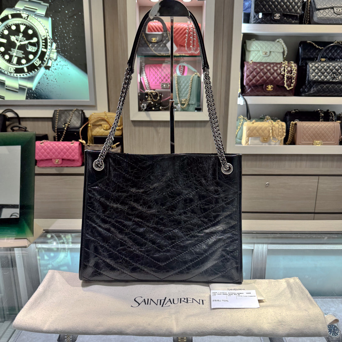 Unworn Saint Laurent Niki Medium YSL Shopper Tote Bag in Crinkled Leather