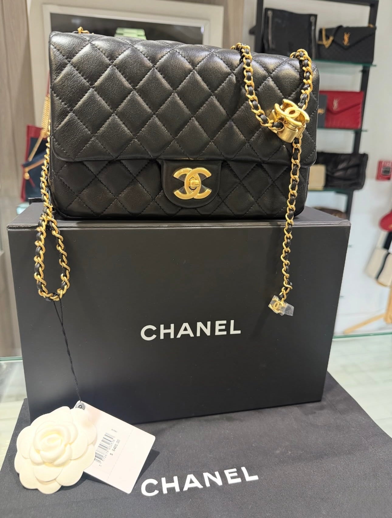 Unworn Chanel 2025 Shiny Lambskin Mini Flap Bag with Gold-Tone Metal