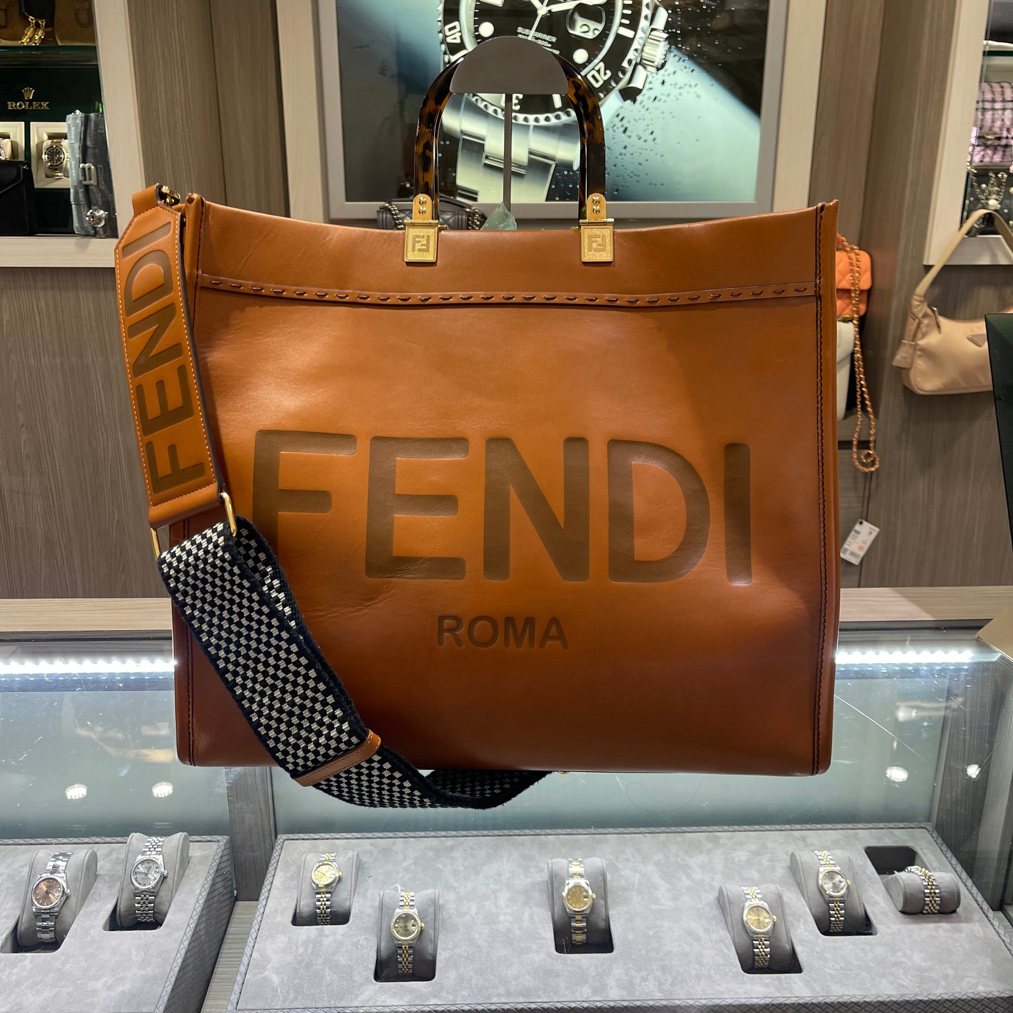 Pre-Owned Fendi Vitello King Plexiglass Large Sunshine Shopper Tote – Brown with Gold Hardware