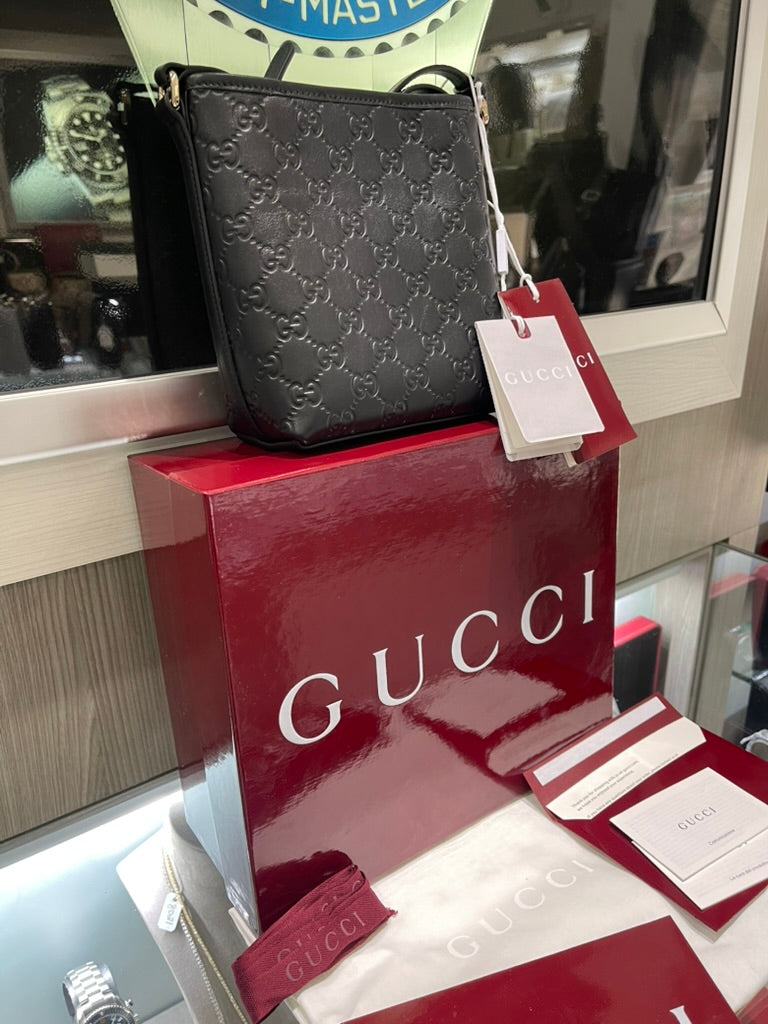 Unworn Gucci GG Emblem Nano Bucket Bag Black GG Monogram Leather