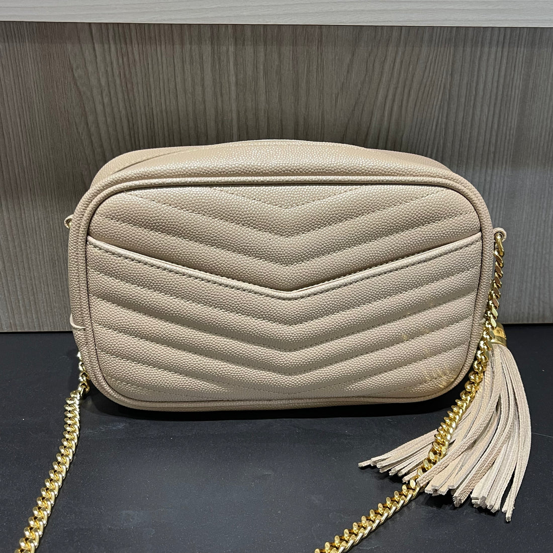 Pre-owned Saint Laurent Grain De Poudre Matelassé Monogram Mini Lou Camera Bag Dark Beige