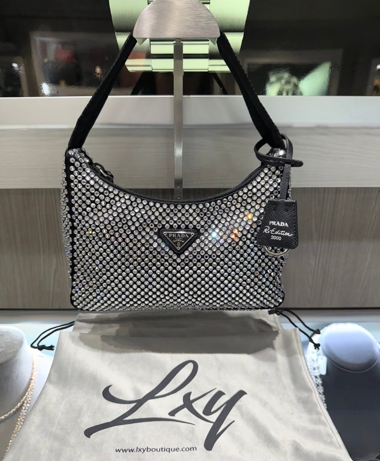 Pre-owned Prada Black Satin Crystal Re-Edition 2000 Mini Bag