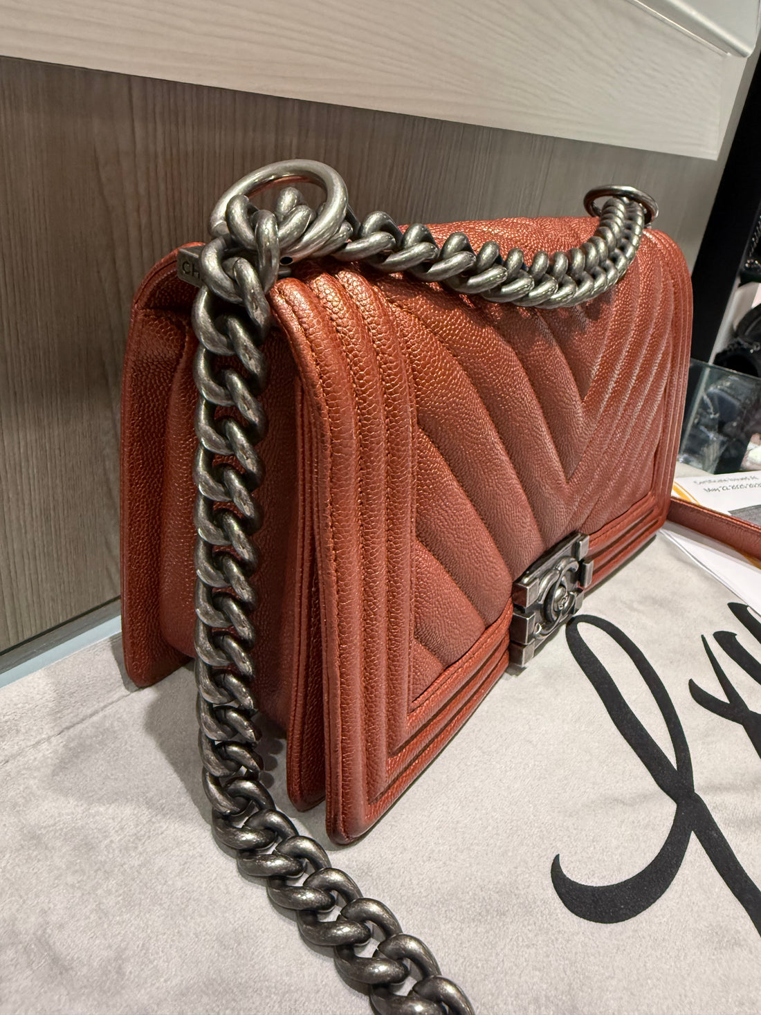 Pre-owned Chanel Metallic Burnt Orange Rust Caviar Leather Medium (Old Medium) boy bag Ruthenium Hardware (2018)