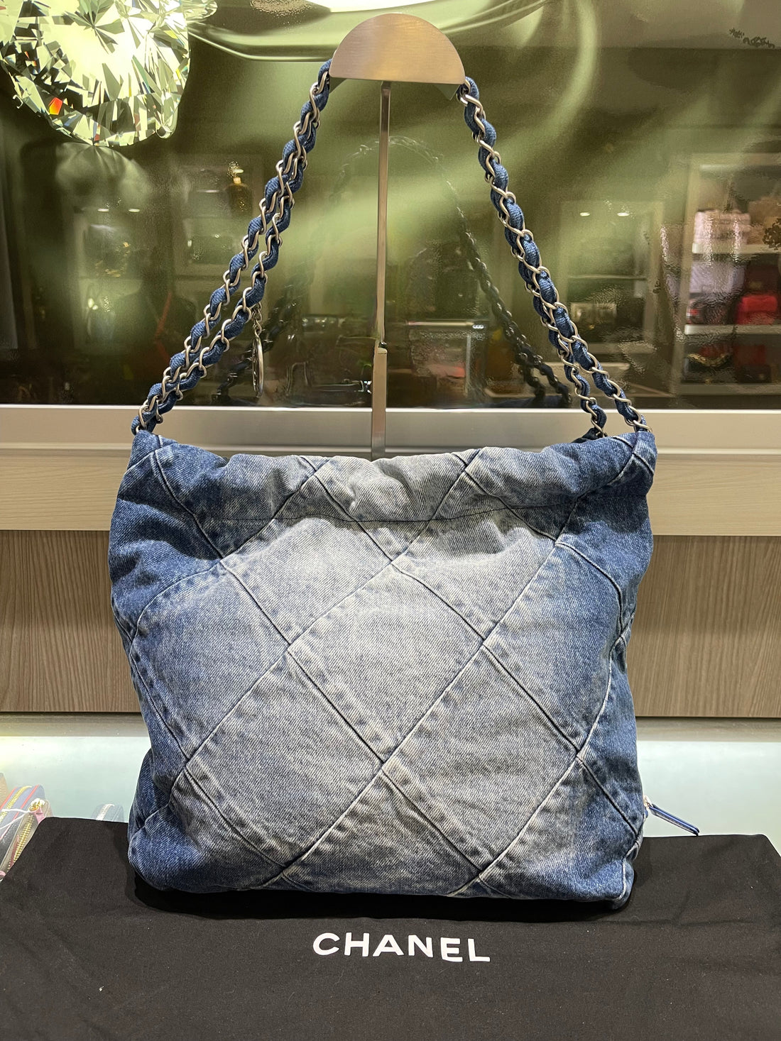 Pre-owned Chanel Denim Quilted Small Chanel 22 in Blue Denim (2023)