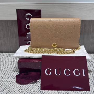 Pre-owned Gucci Dollar Calfskin Mini GG Marmont Chain Wallet in Beige