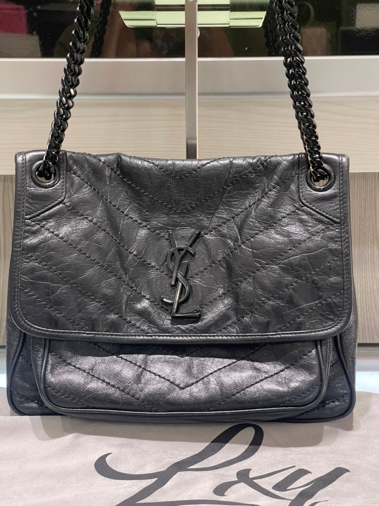 Pre-Owned Saint Laurent Niki Medium Shoulder Bag Black Crinkled Calfskin