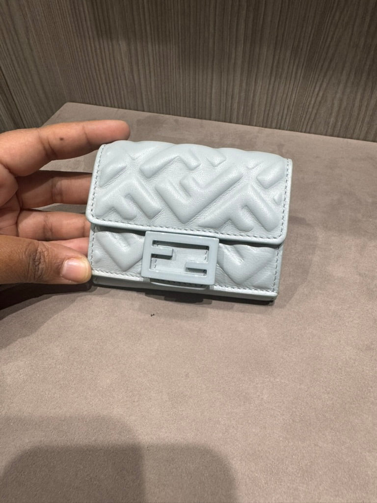 Pre-owned Fendi Baguette Micro Trifold Light blue nappa leather wallet