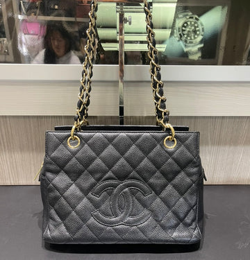 Pre-owned Chanel Petite Shopper Tote Black Caviar Leather with Gold Hardware (2002-2003)