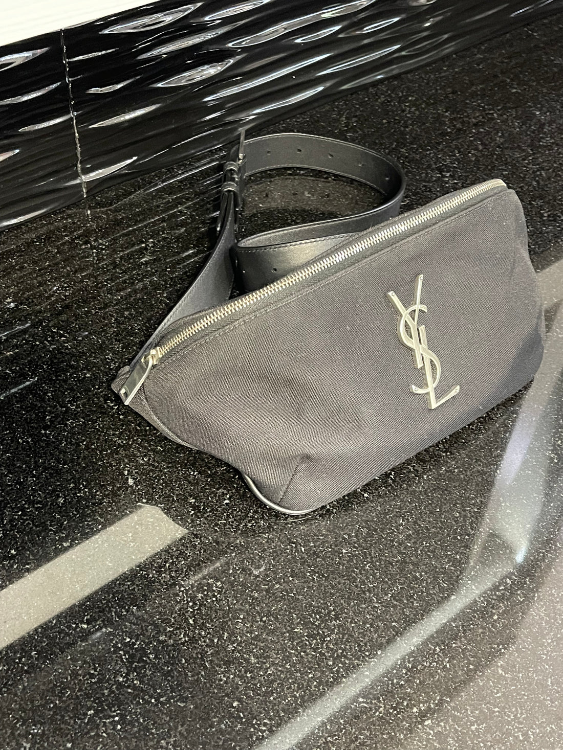 Pre-owned YSL Saint Laurent Black Canvas Belt Sling Bag with Silver Hardware (2021)
