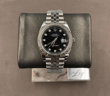Pre-owned Rolex Men's Datejust 41mm ref.126334 Black Diamond Dial Fluted Bezel on Jubilee w/Box & Card