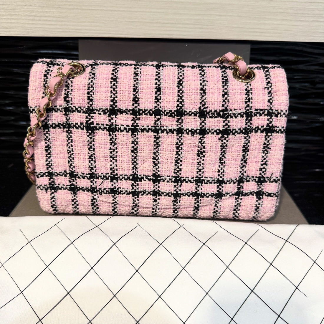 Pre-owned Like New Chanel Small Classic Flap Bag – Pink & Black Tweed with Gold-Tone Hardware