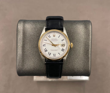 Pre-owned Rolex Men's Datejust 36mm ref.1601 White Roman Dial Fluted Bezel on Leather Strap