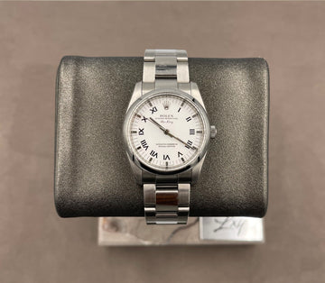 Pre-owned Rolex Men's Air-King 34mm ref.114200 White Roman Dial Smooth Bezel on Oyster w/Box & Old Style Card