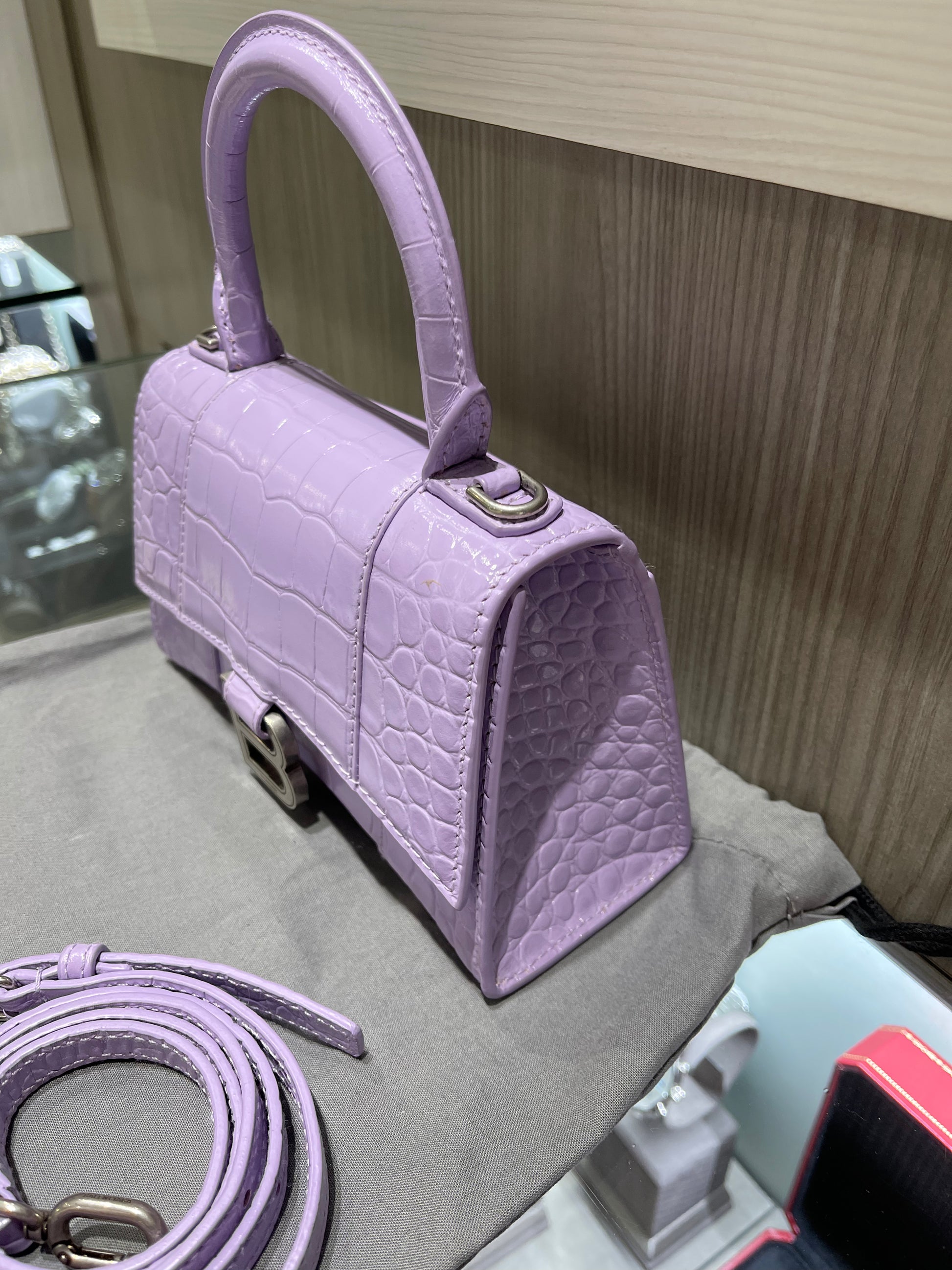 Pre-owned Balenciaga XS Hourglass Croc Light Lilac Purple Crossbody Bag