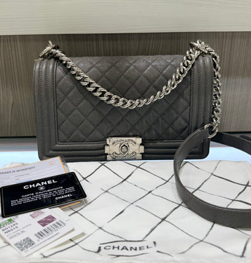 CHANEL old Medium boy Bag pewter caviar with silver hardware