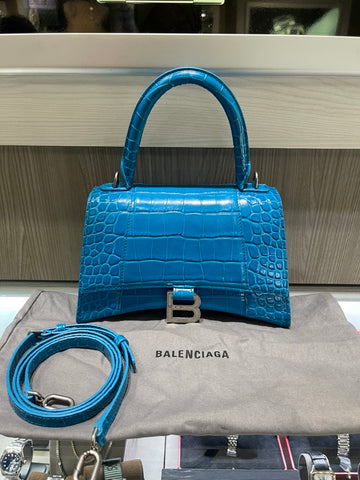 Pre-Owned Balenciaga Hourglass Top Handle Bag Blue Croc Embossed Leather