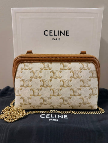 Pre-Owned Celine Mini Triomphe Canvas Clutch on Chain White & Tan