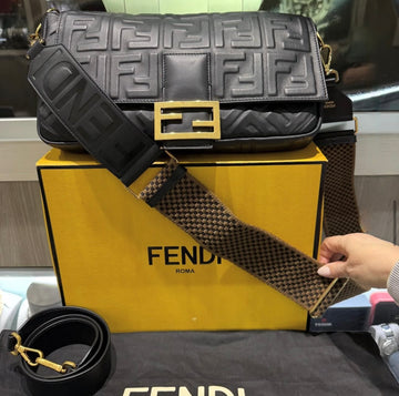 Pre-owned Fendi Nappa FF 1974 Embossed Large Baguette in Black Lambskin