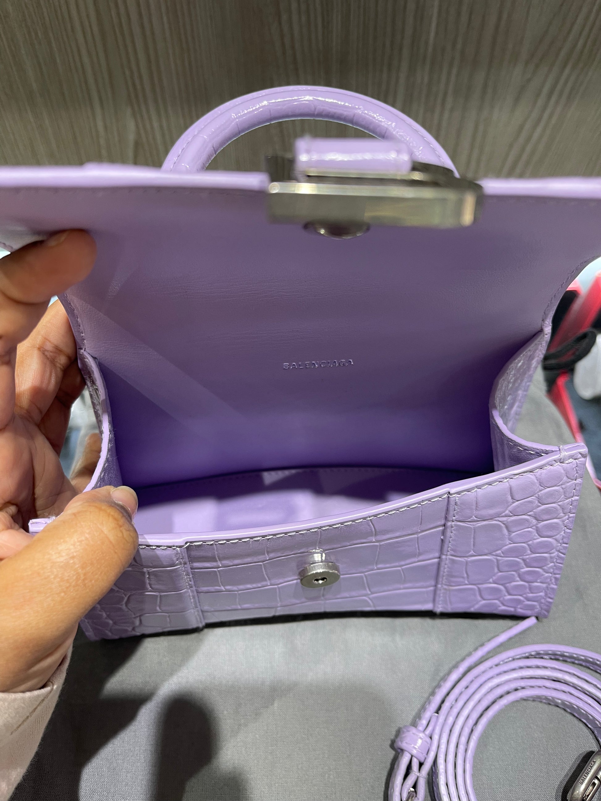 Pre-owned Balenciaga XS Hourglass Croc Light Lilac Purple Crossbody Bag
