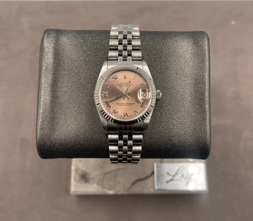 Pre-owned Rolex Ladies-Datejust 31mm ref. 68274 Factory Salmon Pink Roman Dial Fluted Bezel on Jubilee, T serial (1995), w/Box