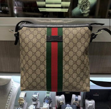 Pre-owned Gucci GG Supreme Monogram Web Messenger Bag Black with Red & Green Web
