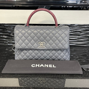 Pre-owned Chanel Medium Coco Handle Bag Grey Caviar with Lizard Trim