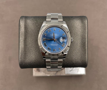 Unworn Rolex Men's Datejust 41mm ref.126334 Blue Roman Dial Fluted Bezel on Oyster w/Box & Card