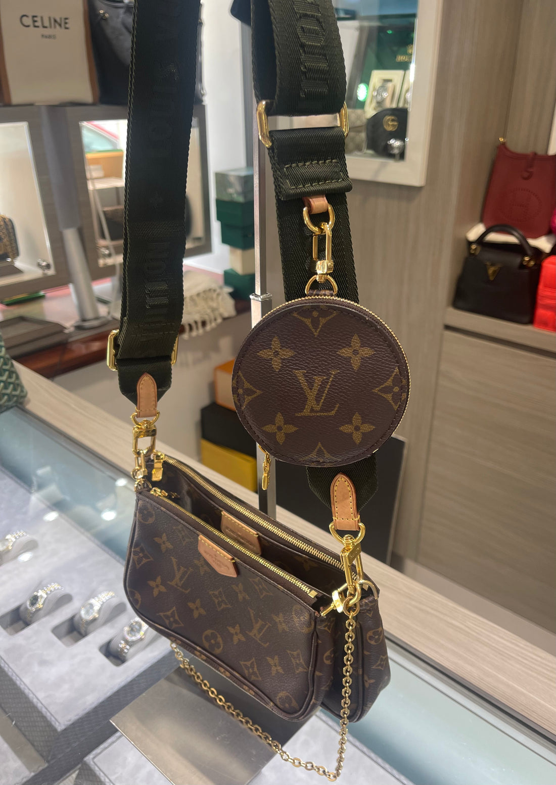 Pre-owned Louis Vuitton Multi Pochette Accessoires Khaki Microchipped Canvas Strap