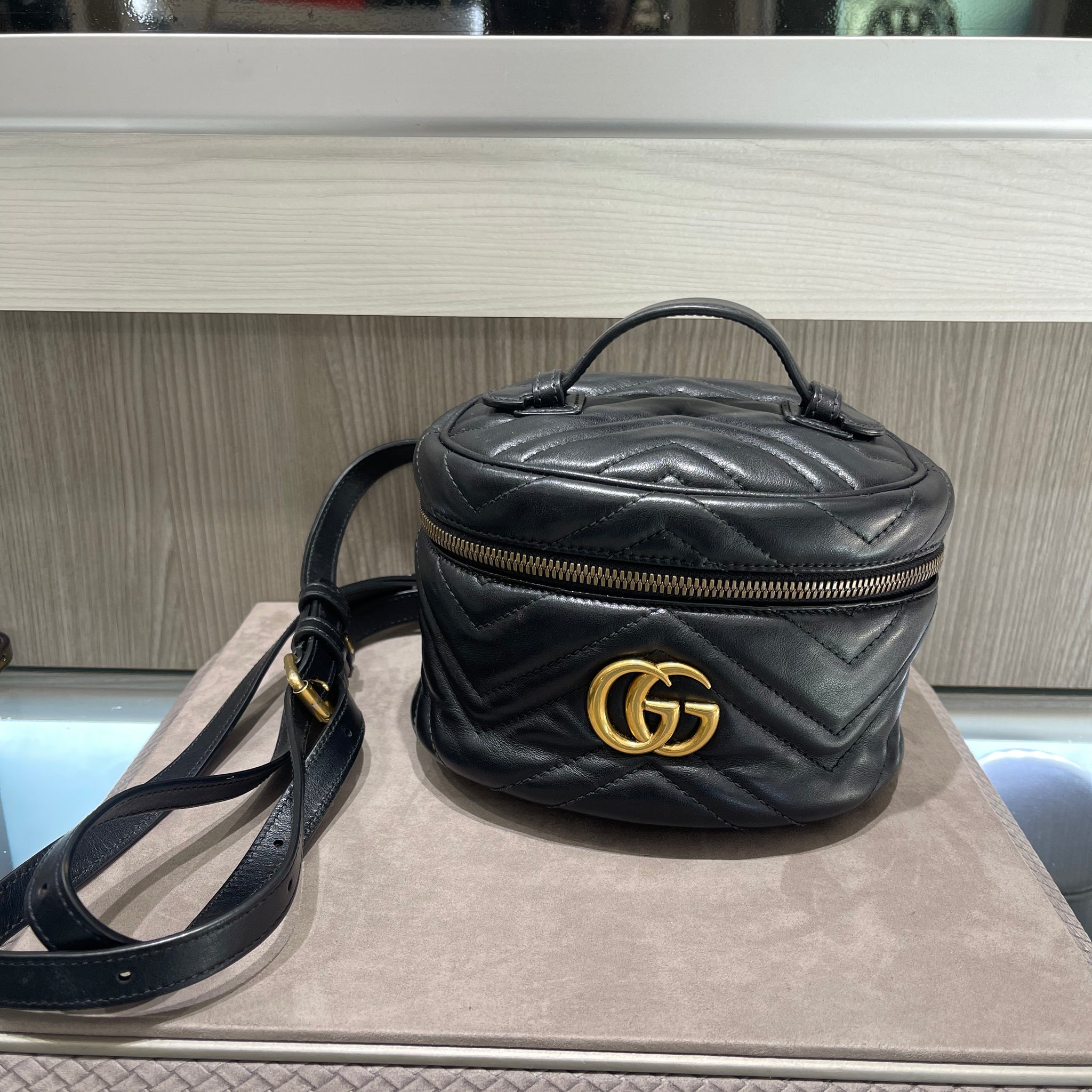 Pre-owned Gucci Mini GG Marmont Vanity Backpack in Black Matelassé Lea
