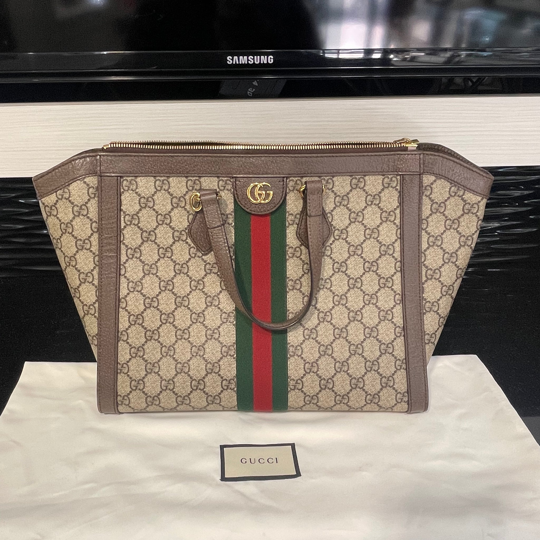 Pre-Owned Gucci GG Supreme Monogram Web Medium Ophidia Tote Bag Brown (no strap) Style:524537