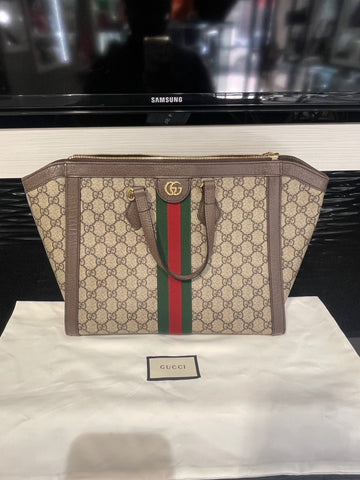Pre-Owned Gucci GG Supreme Monogram Web Medium Ophidia Tote Bag Brown (no strap) Style:524537