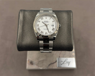 Unworn Rolex Men's Datejust 41mm ref.126334 White Roman Dial Fluted Bezel on Oyster w/Box & Card