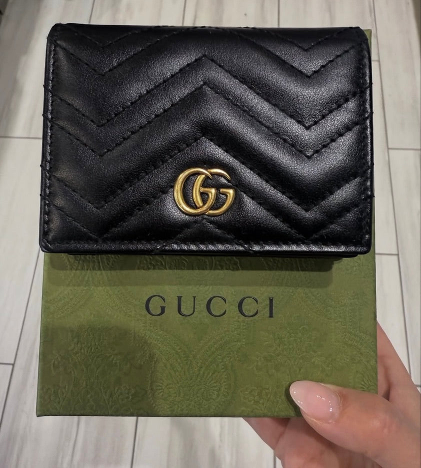 Pre-owned Gucci Black Marmont GG Case Card Wallet style# 466492