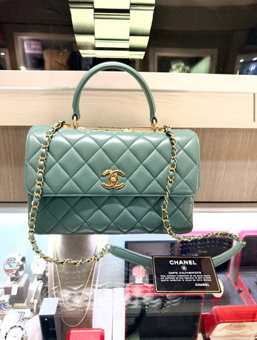 Pre-Owned Chanel Large Trendy CC Top Handle Bag Dark Sage Green Lambskin (2019)