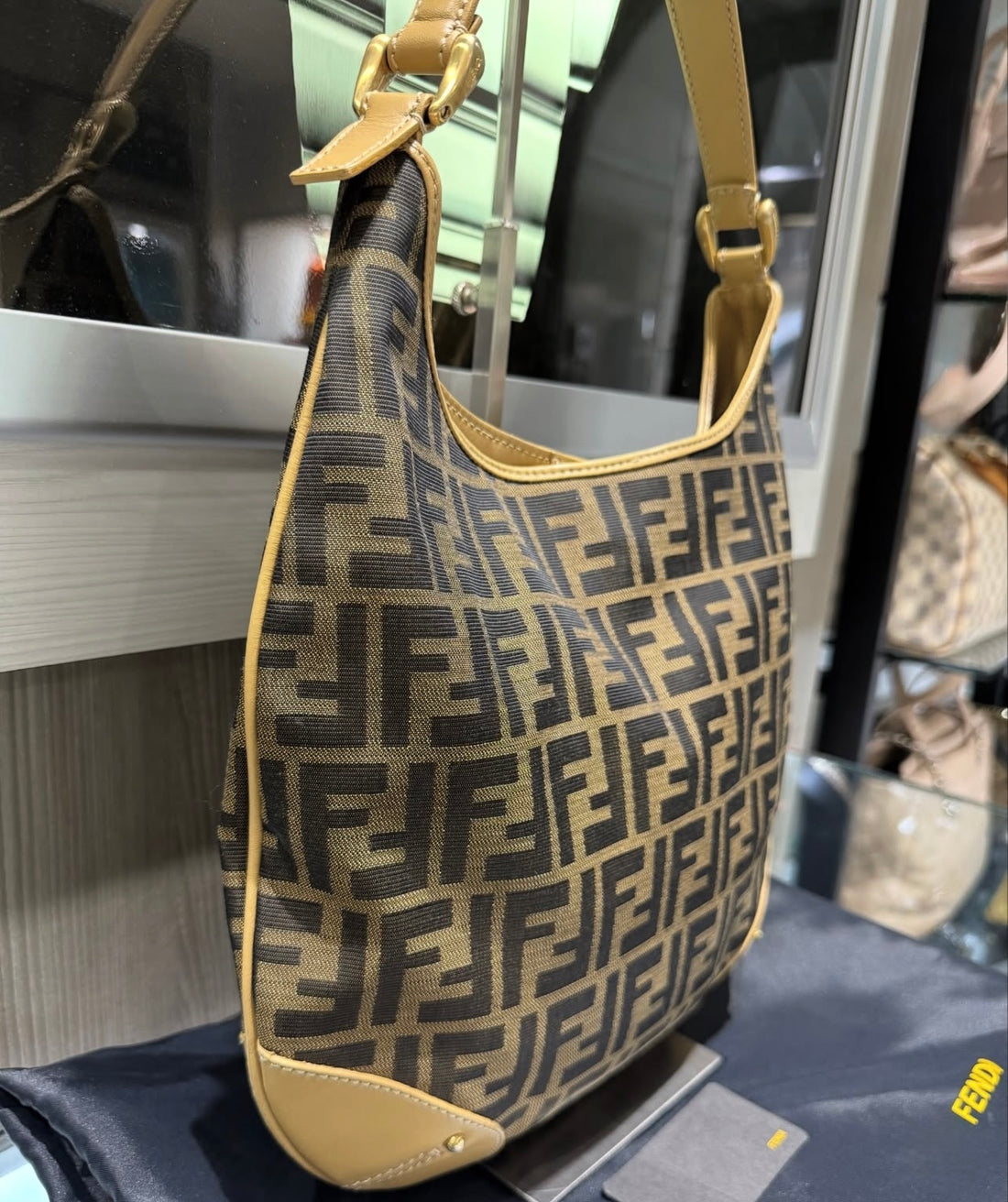 Pre-owned Fendi Borsa Hobo Zucca Print with Natural Tan Leather