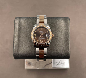 Pre-owned Rolex Ladies-Datejust 31mm ref.178341 Chocolate Roman VI Dial Scattered Diamond Bezel on Oyster w/Box & Card (2014)