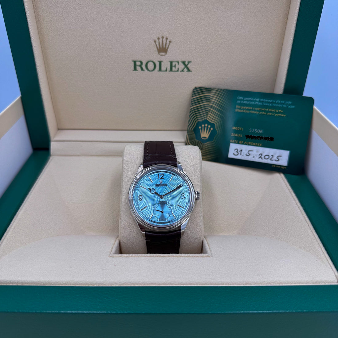Unworn Rolex Perpetual 1908 Platinum Ice Blue Guilloché Dial Ref. 52506 (2025)