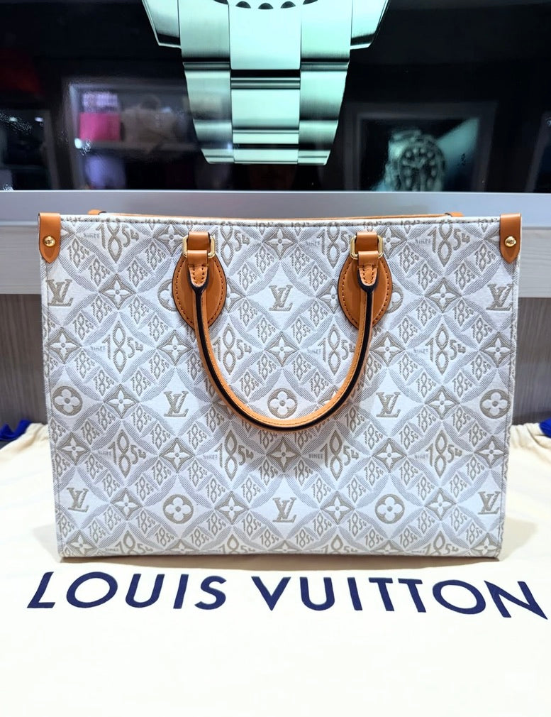 Pre-Owned Louis Vuitton Onthego MM Since 1854 Jacquard Tote in Ecru