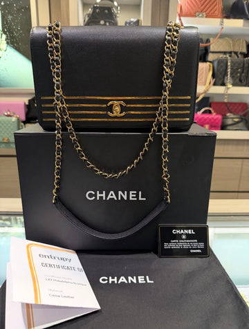 Pre-owned Chanel Capetein Flap Black Gold Embroidered Caviar Medium Bag